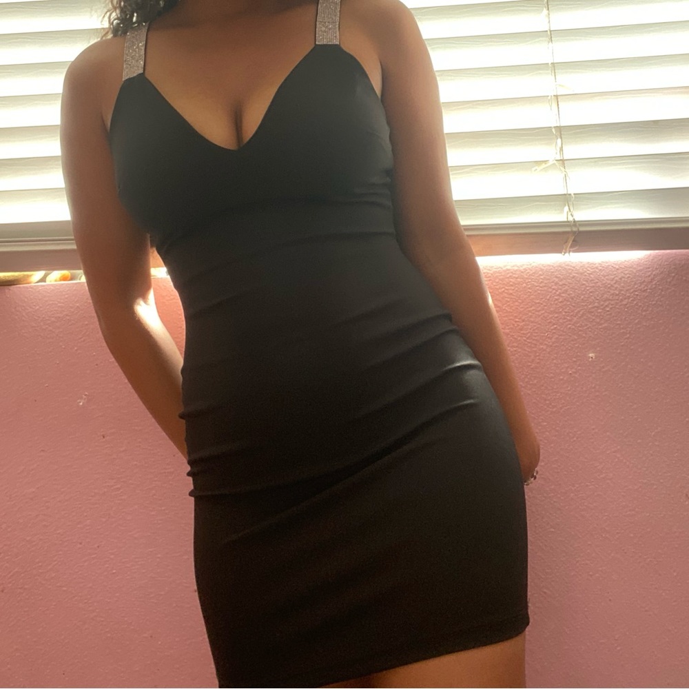Womens Glare Black Rhinestone Straps Bodycon Dress size small